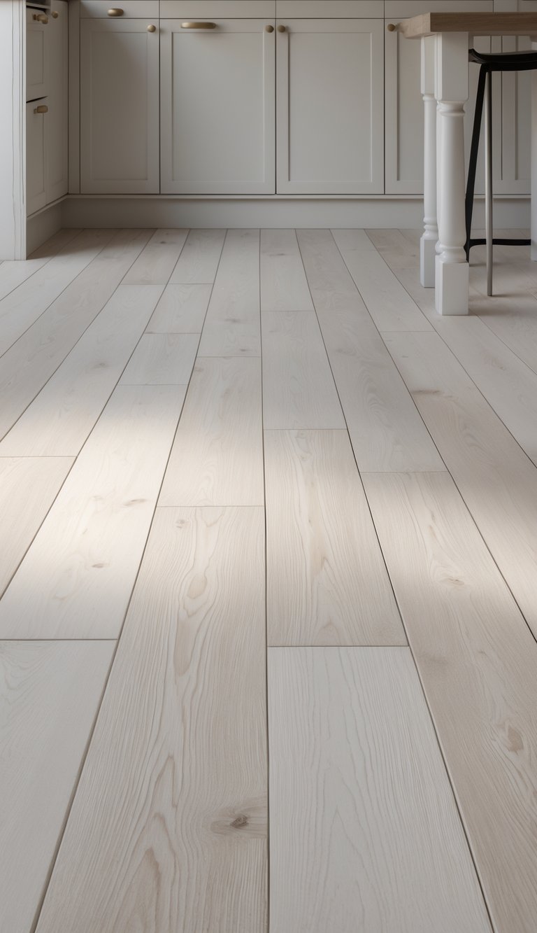 A kitchen floor made of whitewashed oak wood planks with visible grain patterns and a smooth finish.