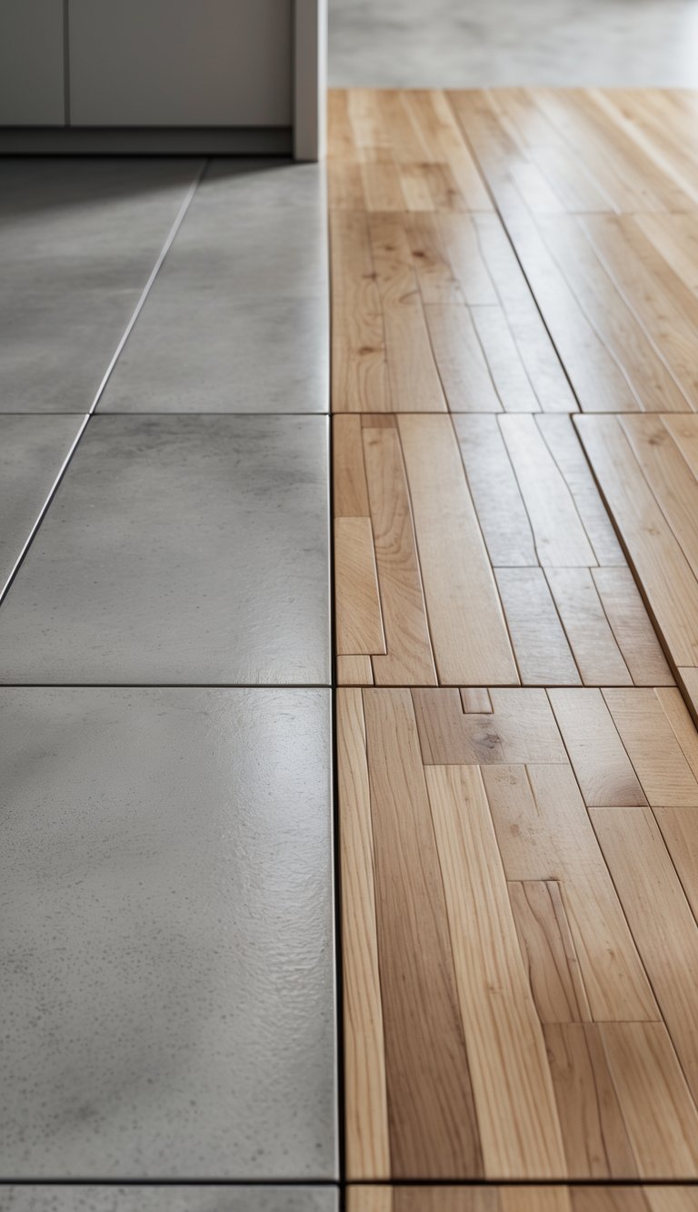 Close-up view of a kitchen floor combining polished concrete and oak wood inlays.