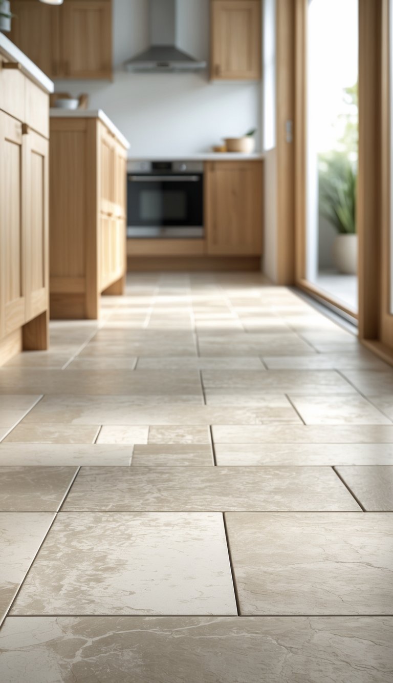 A modern kitchen with neutral limestone tile flooring and oak wood accents, illuminated by natural light.