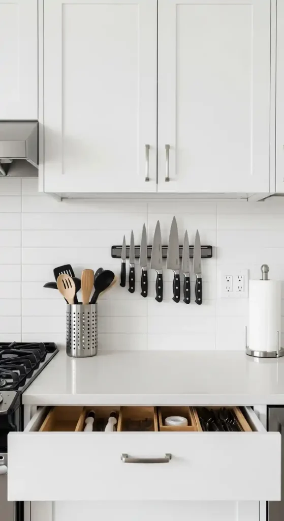 12) Magnetic knife strips for clutter-free drawers