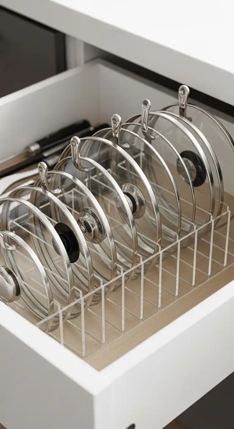 13 Kitchen Cabinet Organization Ideas to Maximize Space and Style 8 7) Store lids vertically with a lid organizer