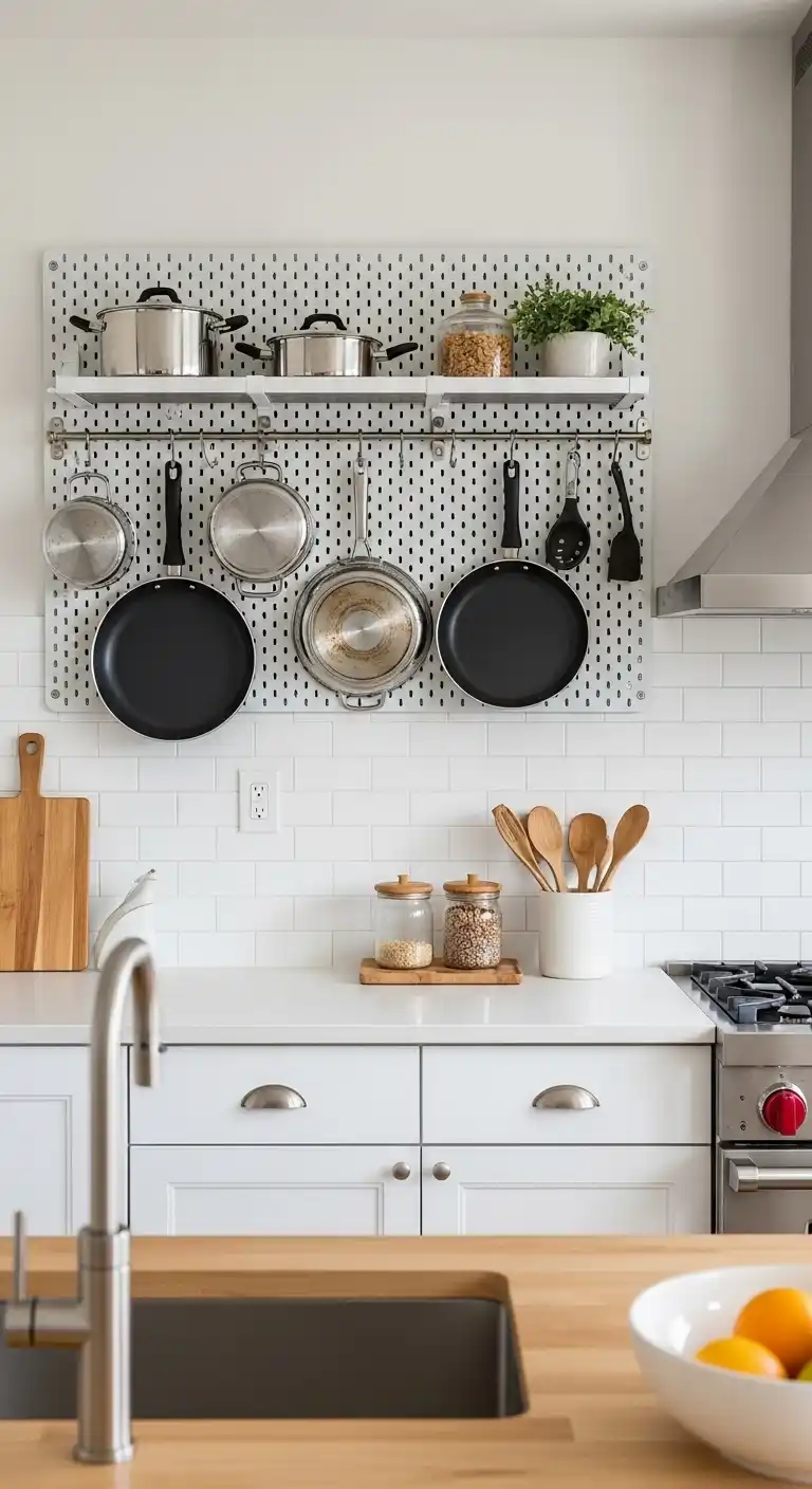 9) Hang a pegboard for pots and pans