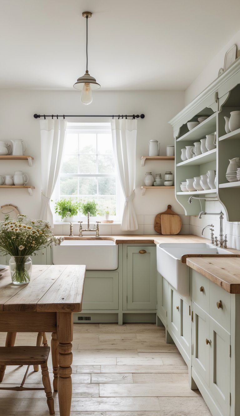 15 English Cottage Kitchen Ideas To Cozy Up Your Home 1 A bright and cozy cottage kitchen with wooden cabinets, a farmhouse sink, open shelves with crockery, and a wooden dining table with a vase of flowers.