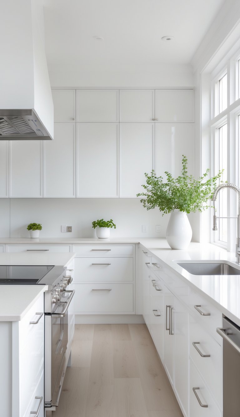13 All-White Kitchen Ideas for a Timeless and Elegant Look 1 A bright all-white kitchen with white cabinets, countertops, a kitchen island, and large windows letting in natural light.