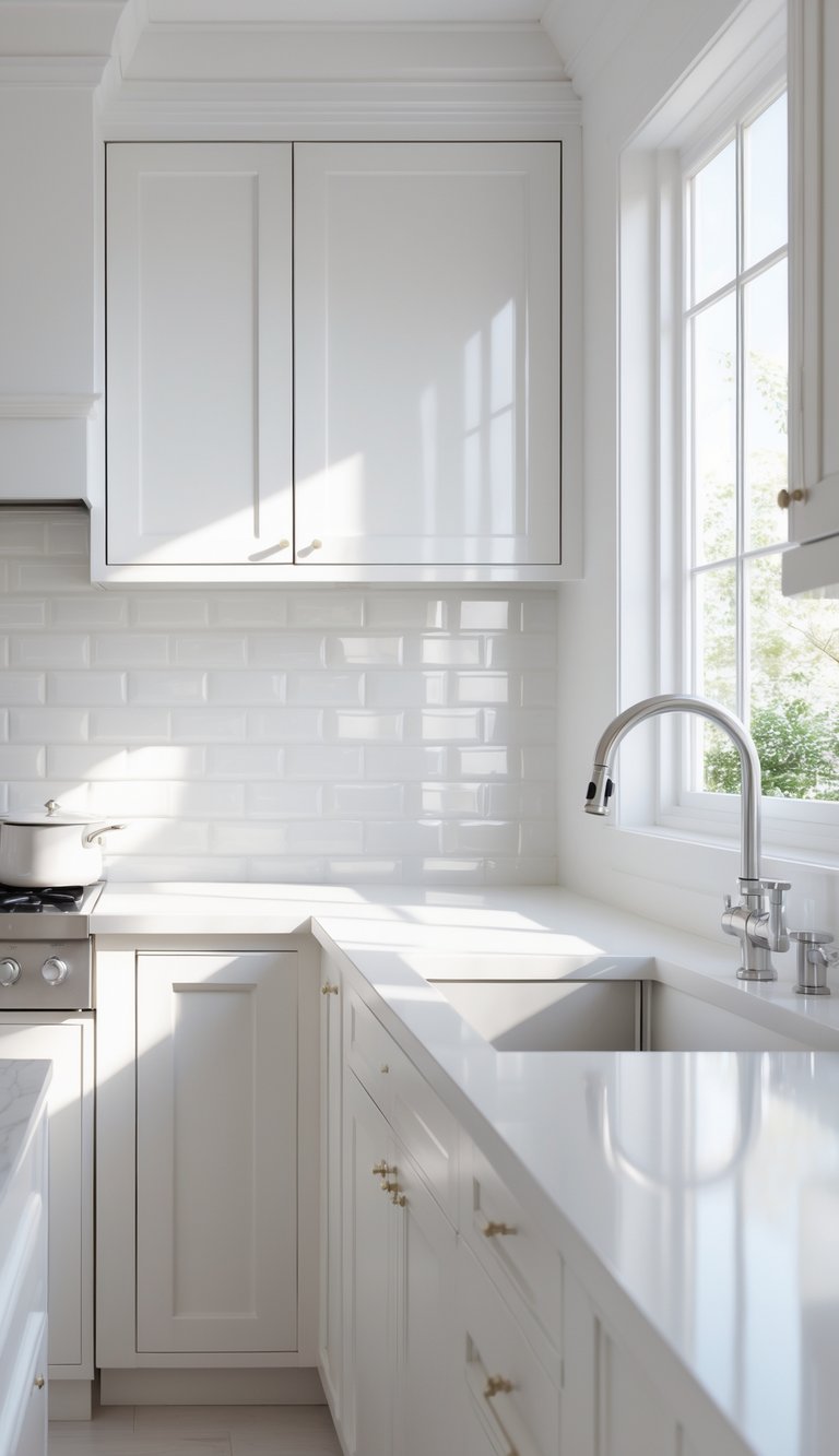 13 All-White Kitchen Ideas for a Timeless and Elegant Look 4 A clean white kitchen with glossy white subway tile backsplash, white cabinets, and countertop under soft natural light.