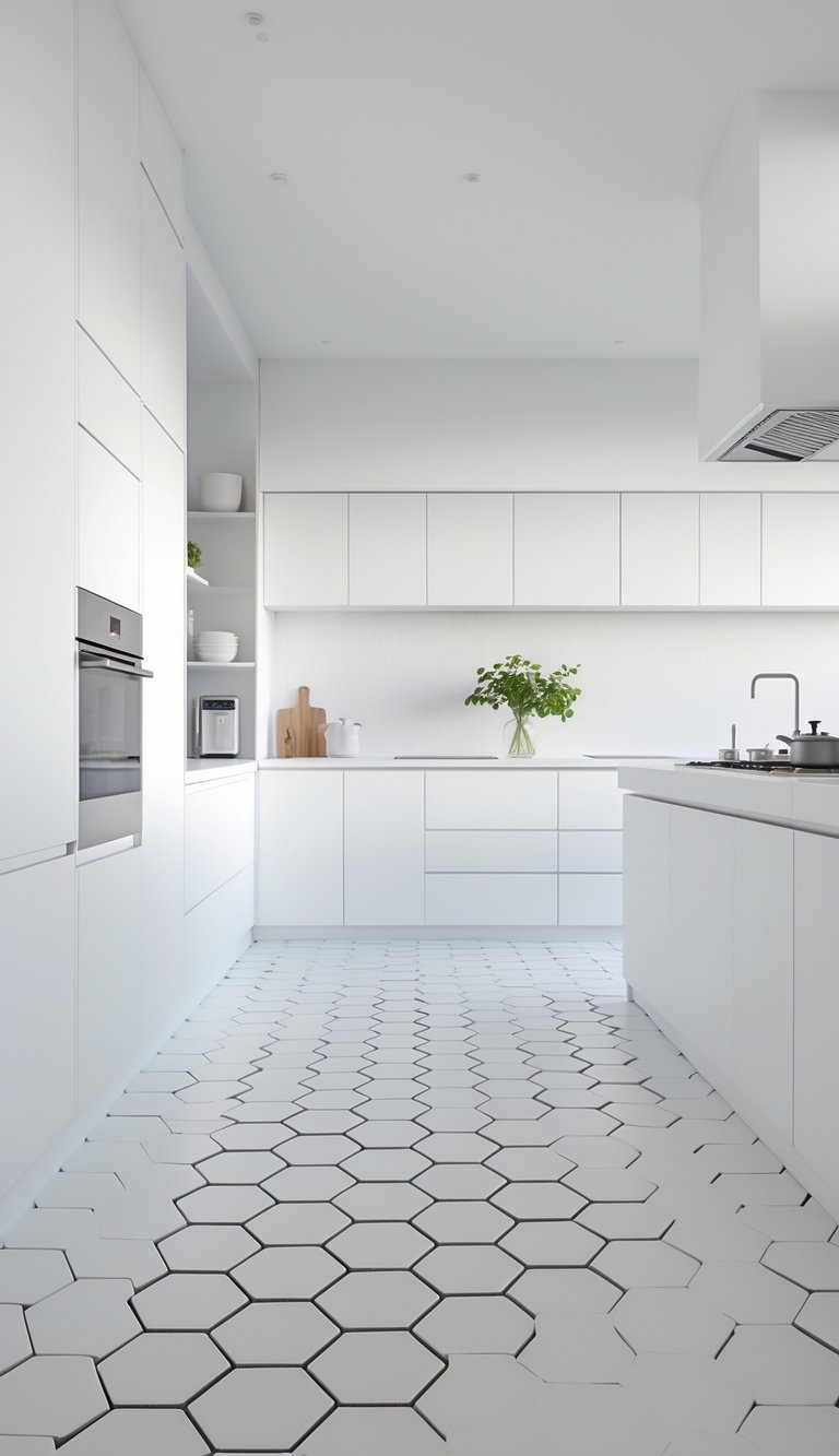 13 All-White Kitchen Ideas for a Timeless and Elegant Look 5 A bright all-white kitchen with matte white hexagonal floor tiles and clean, minimal cabinetry.
