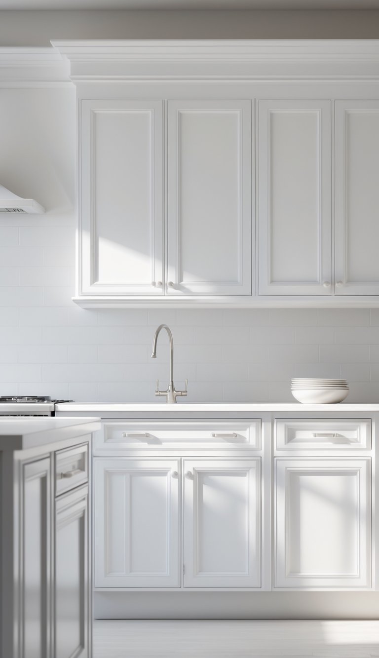 13 All-White Kitchen Ideas for a Timeless and Elegant Look 7 A bright kitchen with white cabinets, countertops, and a clean, uncluttered countertop.