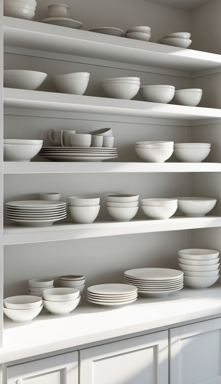 13 All-White Kitchen Ideas for a Timeless and Elegant Look 8 Open white kitchen shelves neatly displaying white plates, bowls, and cups.