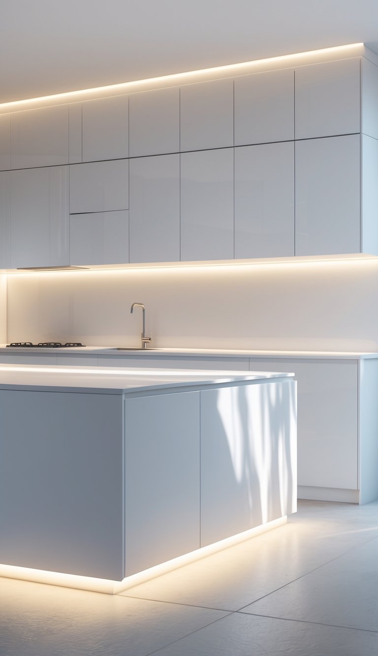 13 All-White Kitchen Ideas for a Timeless and Elegant Look 9 A modern all-white kitchen with soft white LED lights under the cabinets illuminating the countertops.
