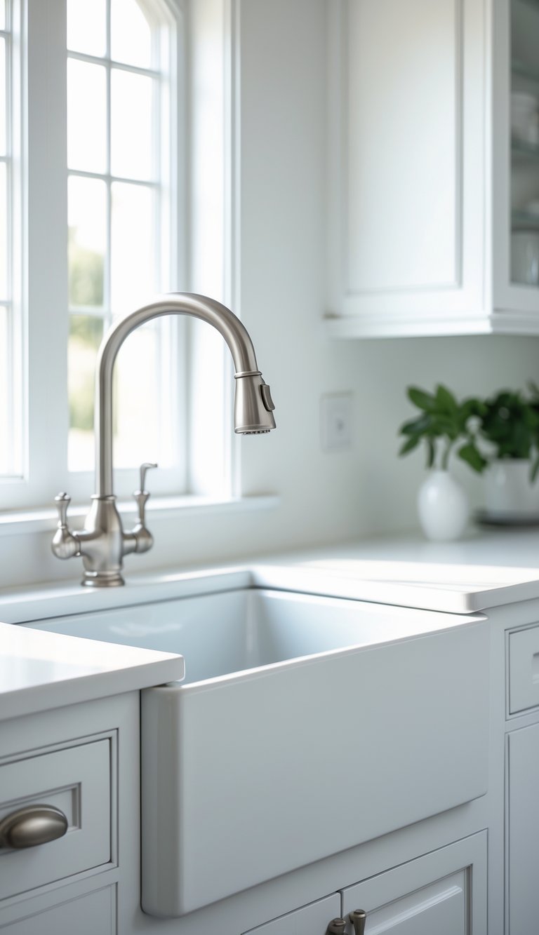 13 All-White Kitchen Ideas for a Timeless and Elegant Look 11 White farmhouse sink with brushed nickel faucet in an all-white kitchen.