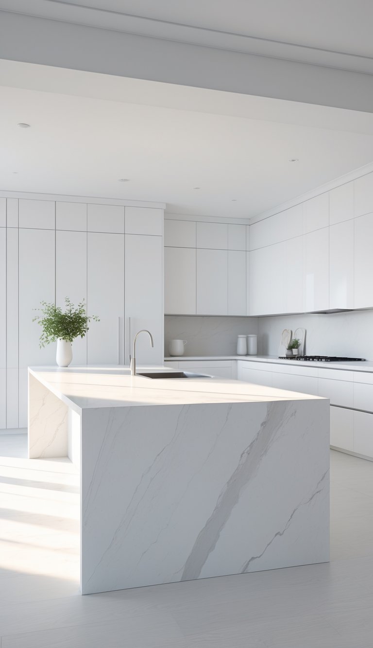 13 All-White Kitchen Ideas for a Timeless and Elegant Look 12 An all-white kitchen with a large island featuring a waterfall edge countertop in a bright, clean space.