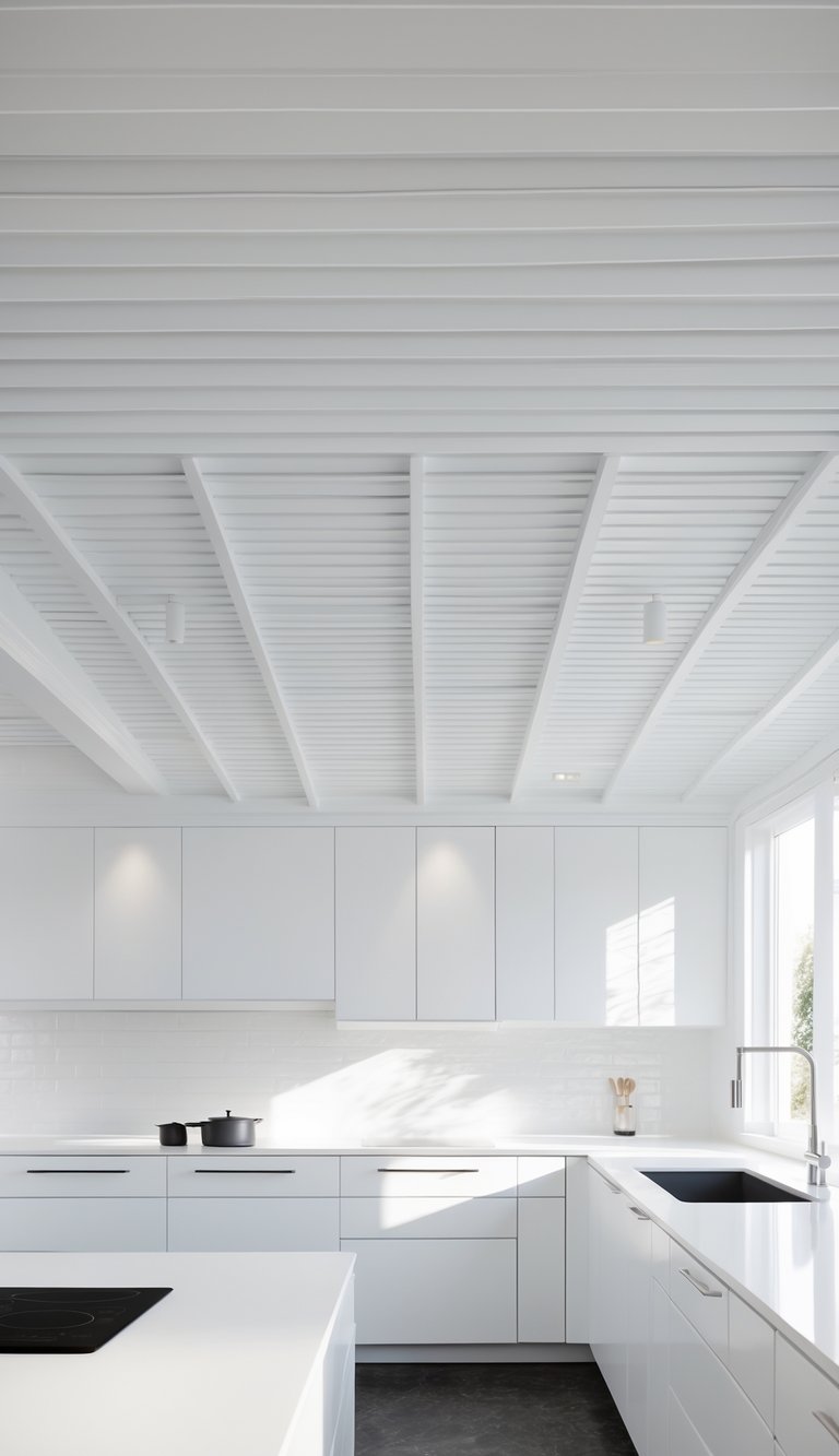 13 All-White Kitchen Ideas for a Timeless and Elegant Look 13 A bright all-white kitchen with white tongue-and-groove ceiling paneling and clean cabinetry.