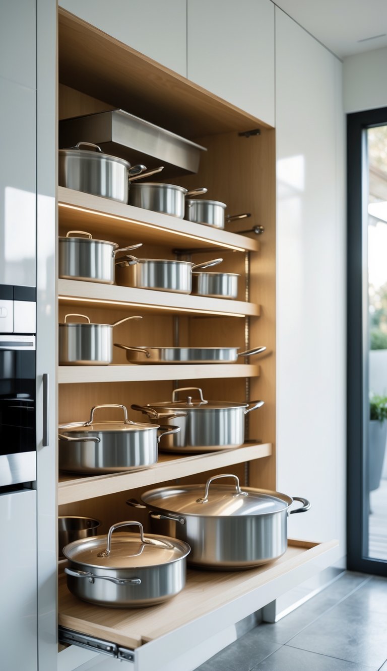 13 Kitchen Cabinet Organization Ideas to Maximize Space and Style 2 Open kitchen cabinet with pull-out shelves neatly organized with pots and pans inside.