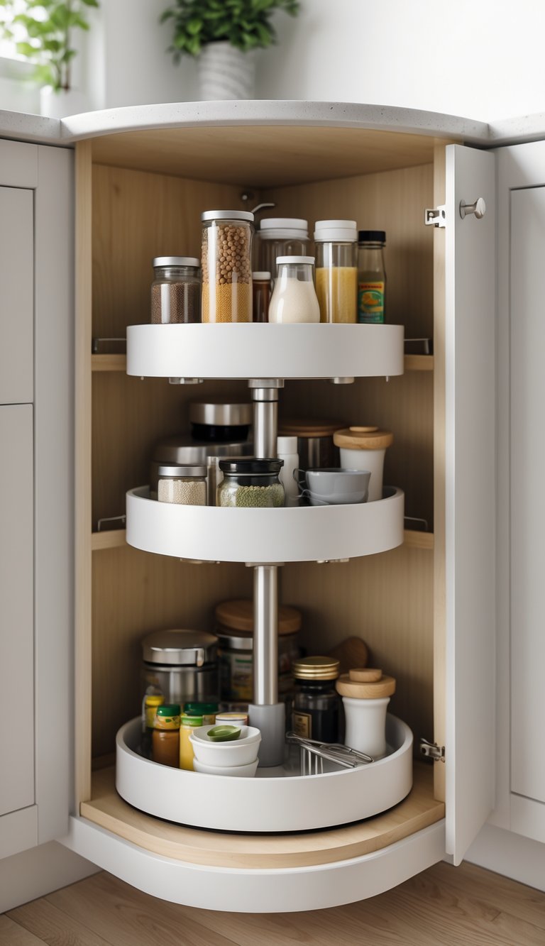 13 Kitchen Cabinet Organization Ideas to Maximize Space and Style 3 Open kitchen corner cabinet with a rotating lazy Susan holding organized jars and containers.