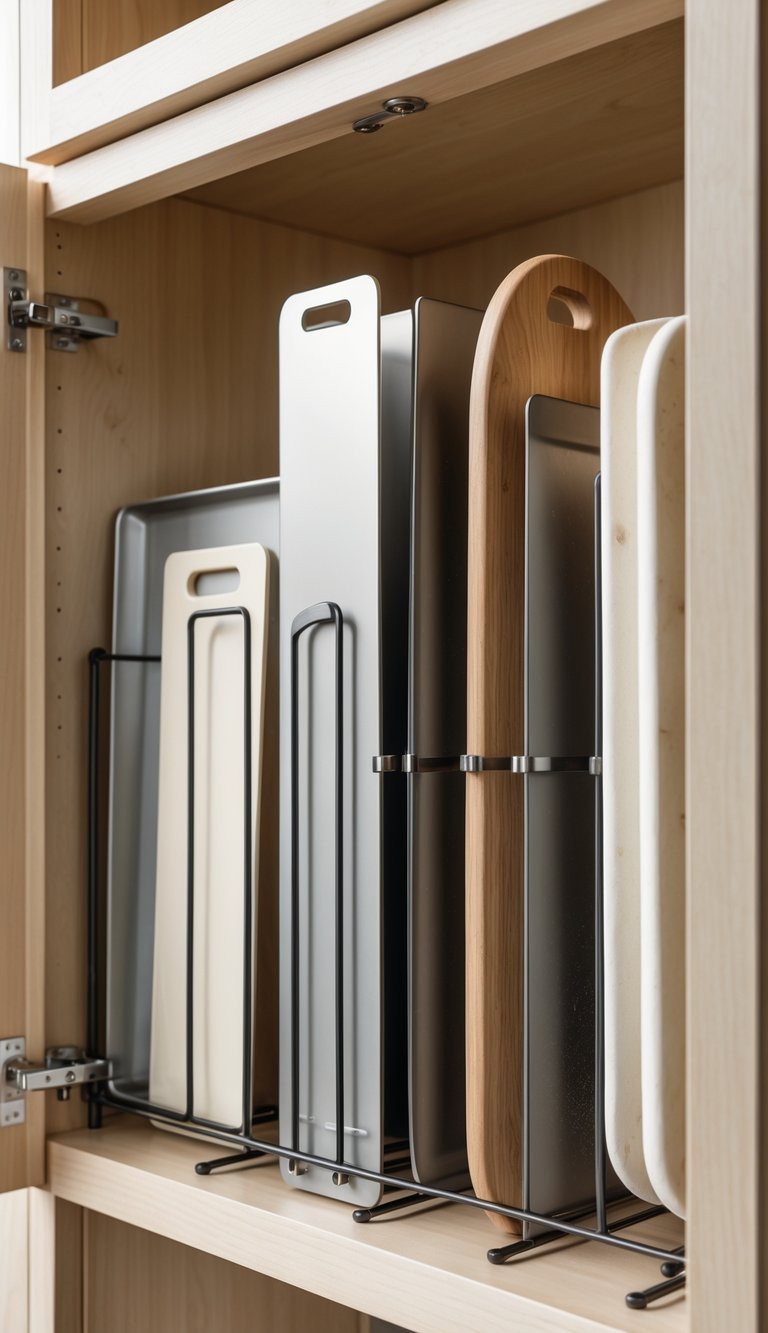 13 Kitchen Cabinet Organization Ideas to Maximize Space and Style 4 Open kitchen cabinet with adjustable dividers neatly organizing baking sheets and cutting boards.