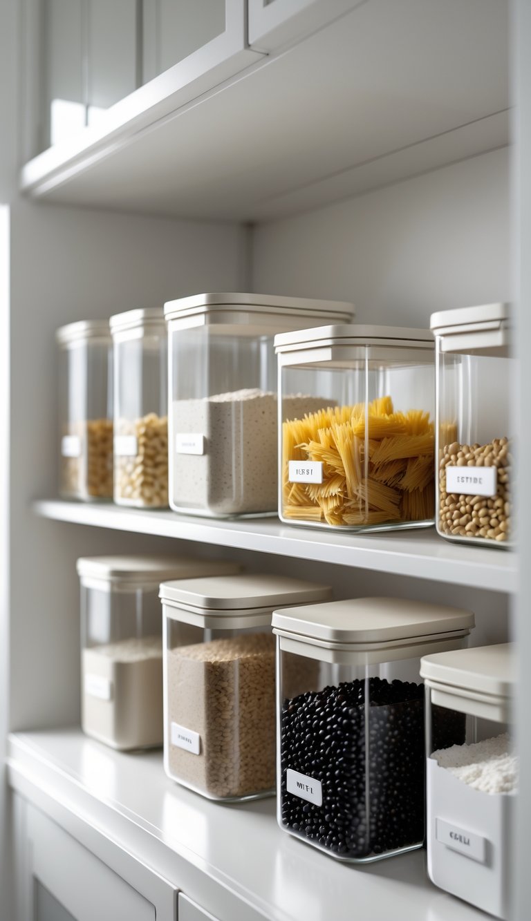 13 Kitchen Cabinet Organization Ideas to Maximize Space and Style 5 A kitchen cabinet neatly organized with clear containers storing various dry goods like pasta, rice, and beans.