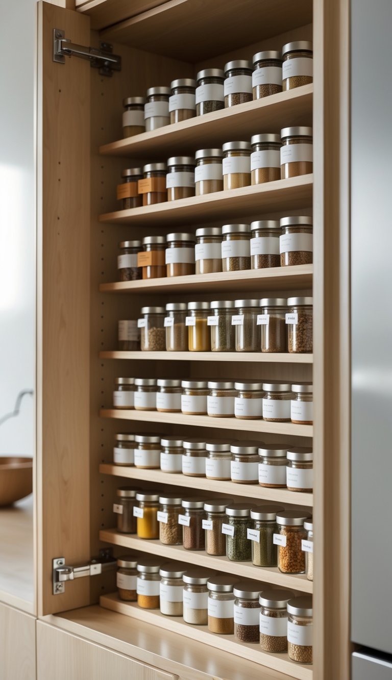 13 Kitchen Cabinet Organization Ideas to Maximize Space and Style 7 Open kitchen cabinet with tiered spice racks neatly organizing various spice jars.