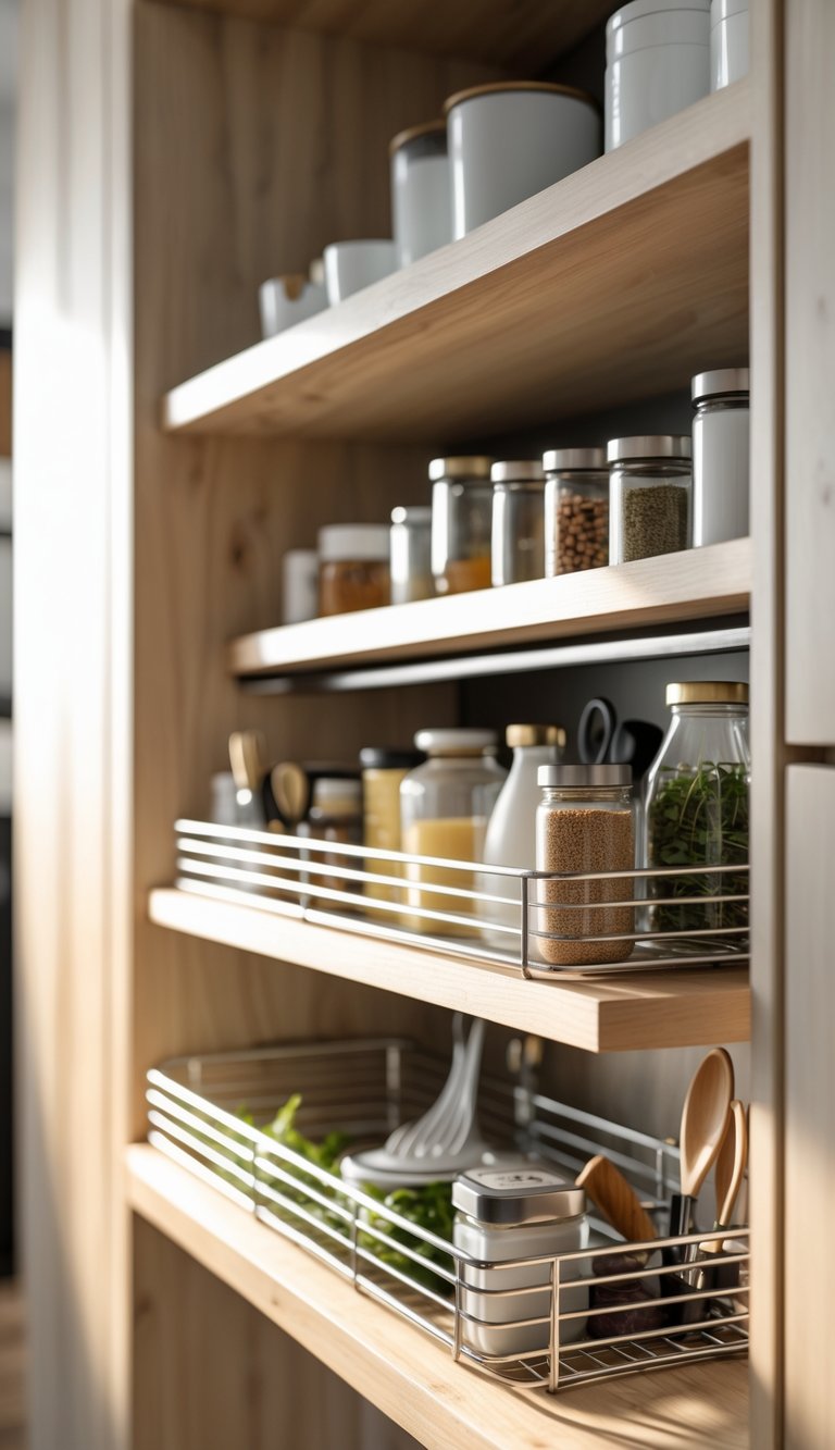 13 Kitchen Cabinet Organization Ideas to Maximize Space and Style 9 Open kitchen cabinet with under-shelf baskets holding spices and small jars for extra storage.