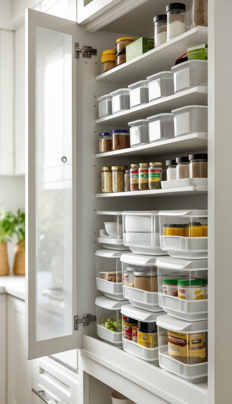 13 Kitchen Cabinet Organization Ideas to Maximize Space and Style 10 A kitchen cabinet interior organized with stackable bins holding spices, canned goods, and dry ingredients arranged neatly on shelves.