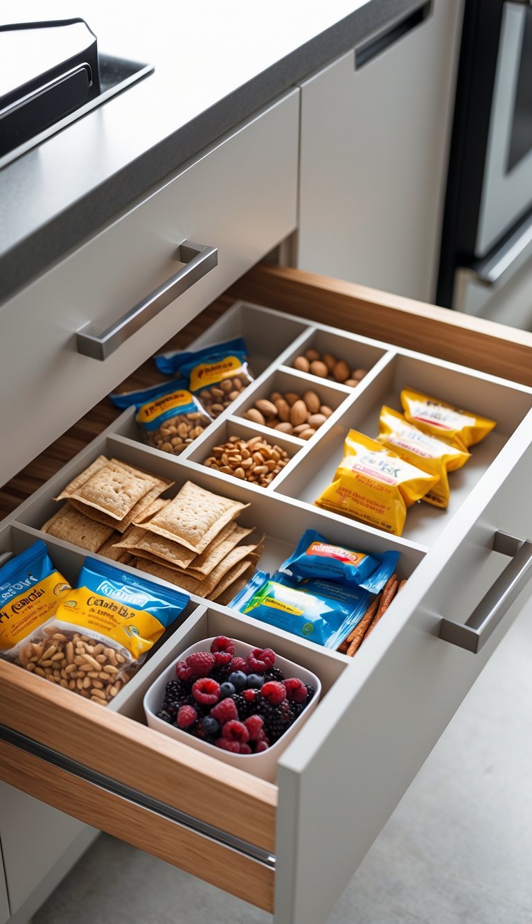 13 Kitchen Cabinet Organization Ideas to Maximize Space and Style 11 Open kitchen cabinet drawer neatly organized with various grab-and-go snack items in small containers and dividers.