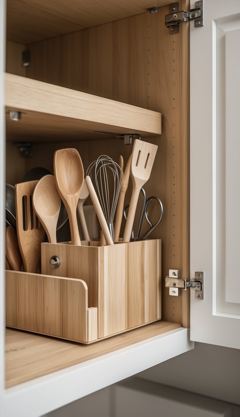 13 Kitchen Cabinet Organization Ideas to Maximize Space and Style 12 Open kitchen cabinet showing a neatly organized utensil tray holding various frequently used kitchen utensils.