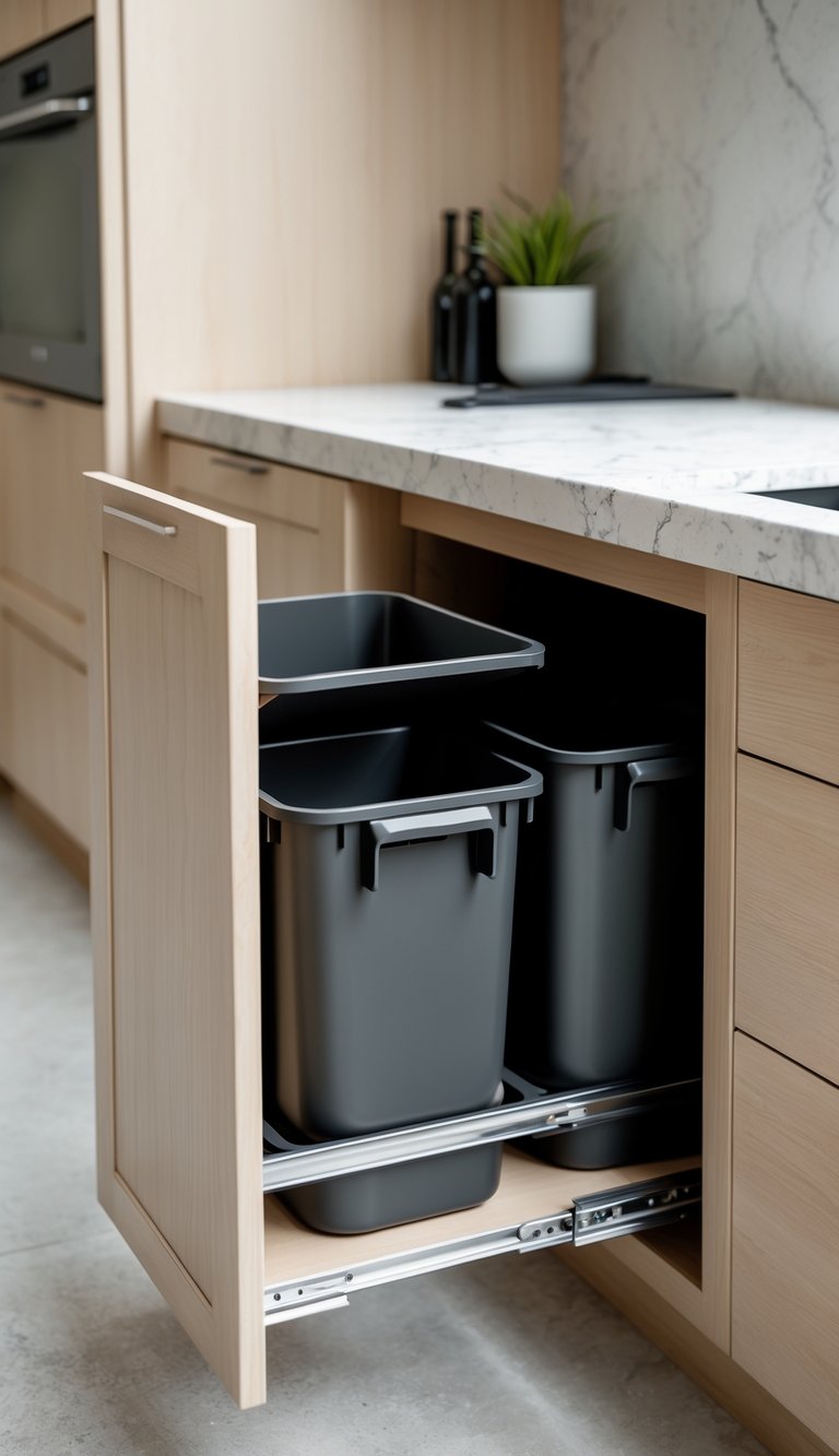 13 Kitchen Cabinet Organization Ideas to Maximize Space and Style 13 Open kitchen cabinet with pull-out trash and recycling bins inside, showing an organized and clean kitchen setup.