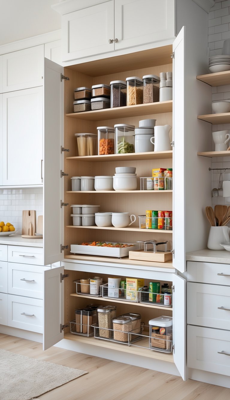 13 Kitchen Cabinet Organization Ideas to Maximize Space and Style 14 Open kitchen cabinet showing various organized sections with jars, bins, baskets, shelves, and hooks neatly arranged with kitchen items.