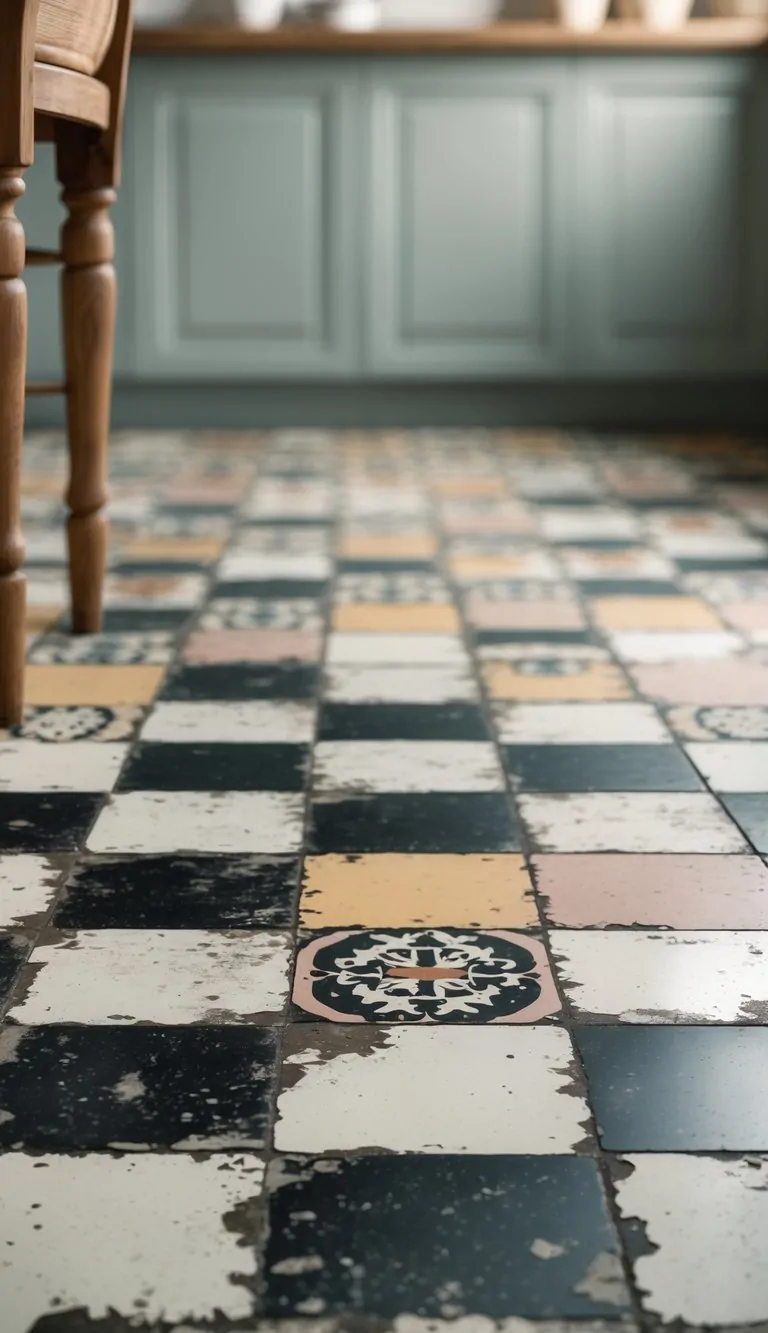 Close-up view of a vintage kitchen floor with patterned tiles and subtle wear, showing part of a wooden chair leg and blurred kitchen cabinets in the background.