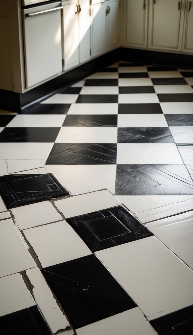 Close-up view of a black and white checkerboard vinyl tile floor in a vintage kitchen.
