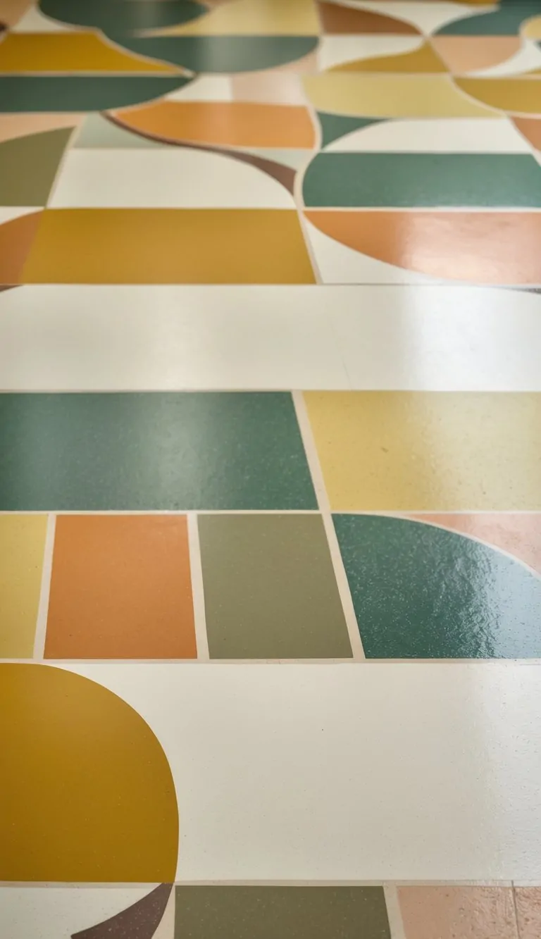 Close-up view of a clean linoleum floor with vintage geometric patterns in muted colors.