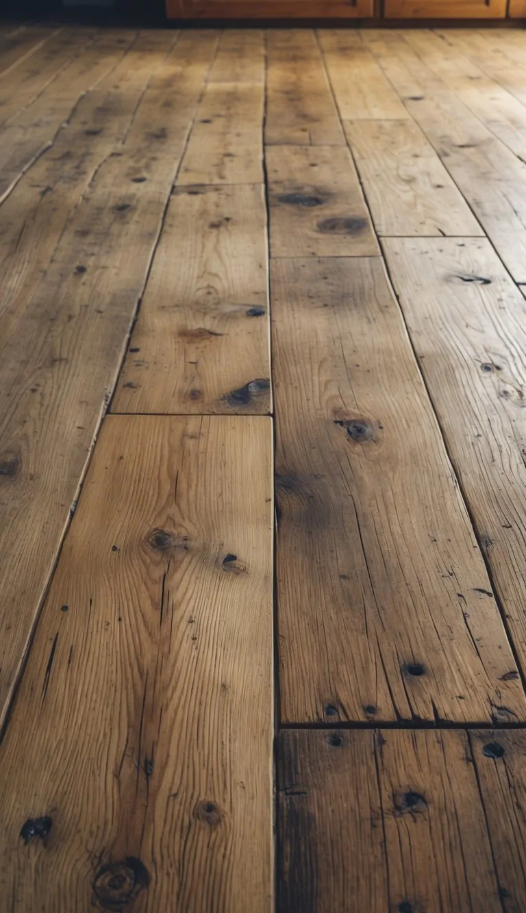 Close-up view of a worn hardwood floor with visible wood grain and natural imperfections.