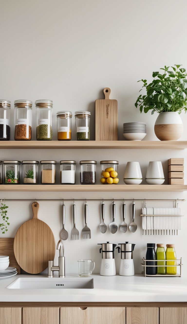 A modern kitchen counter neatly organized with various storage containers, utensils, spices, fresh fruits, and kitchen tools arranged efficiently.