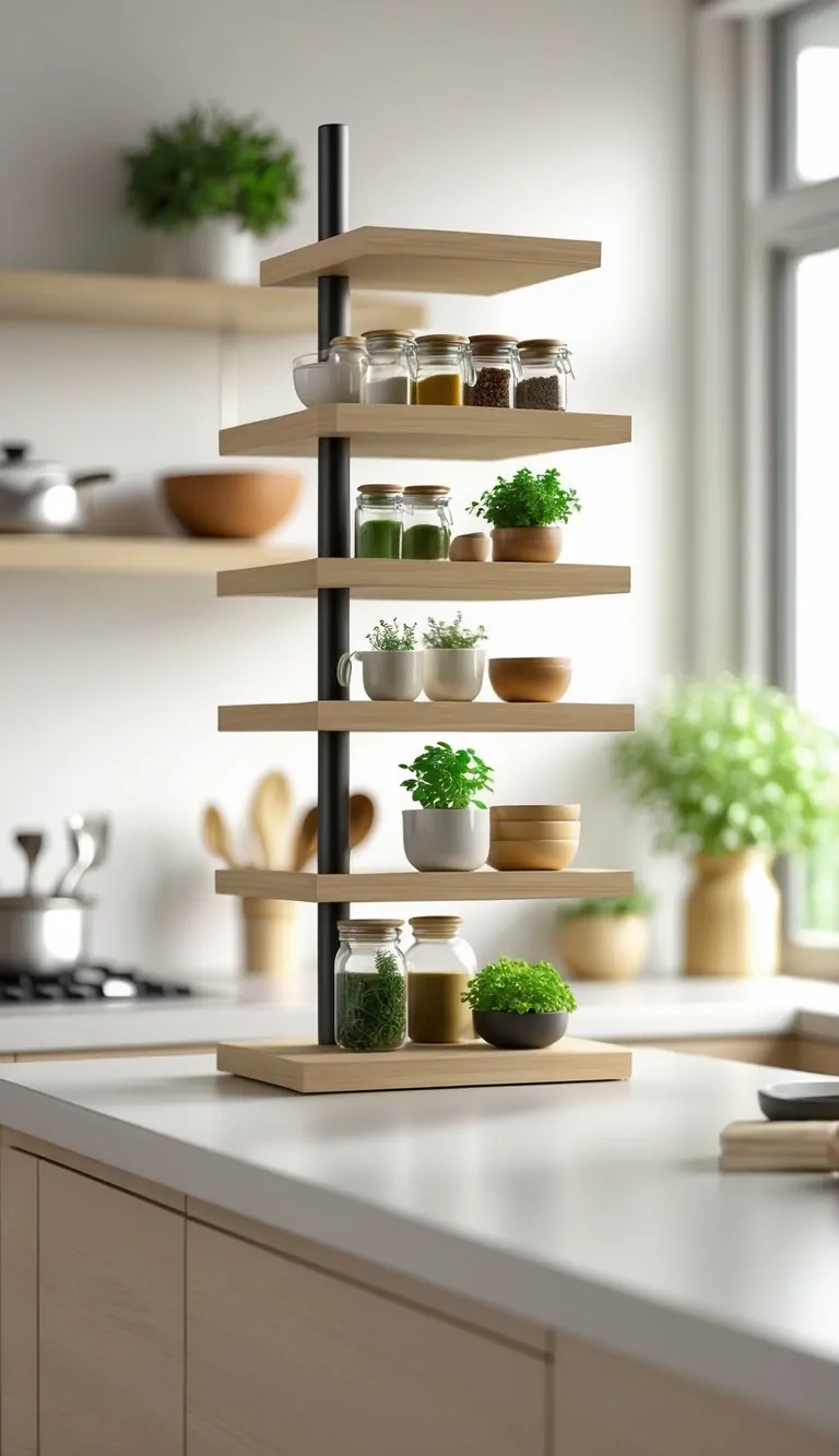 A modern kitchen countertop organized with tiered shelves holding jars, bowls, and utensils.