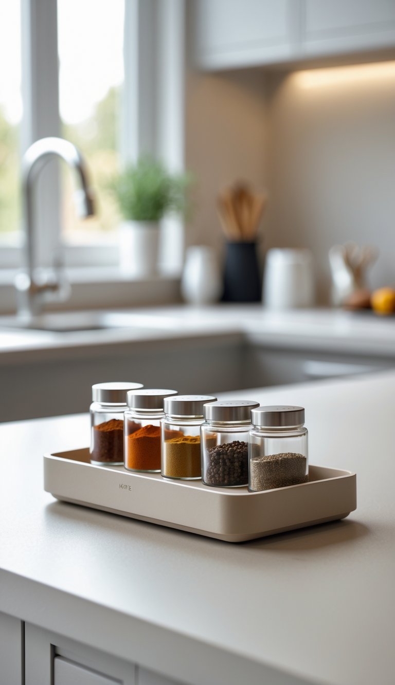 Small tray with spice jars neatly arranged on a clean kitchen counter.