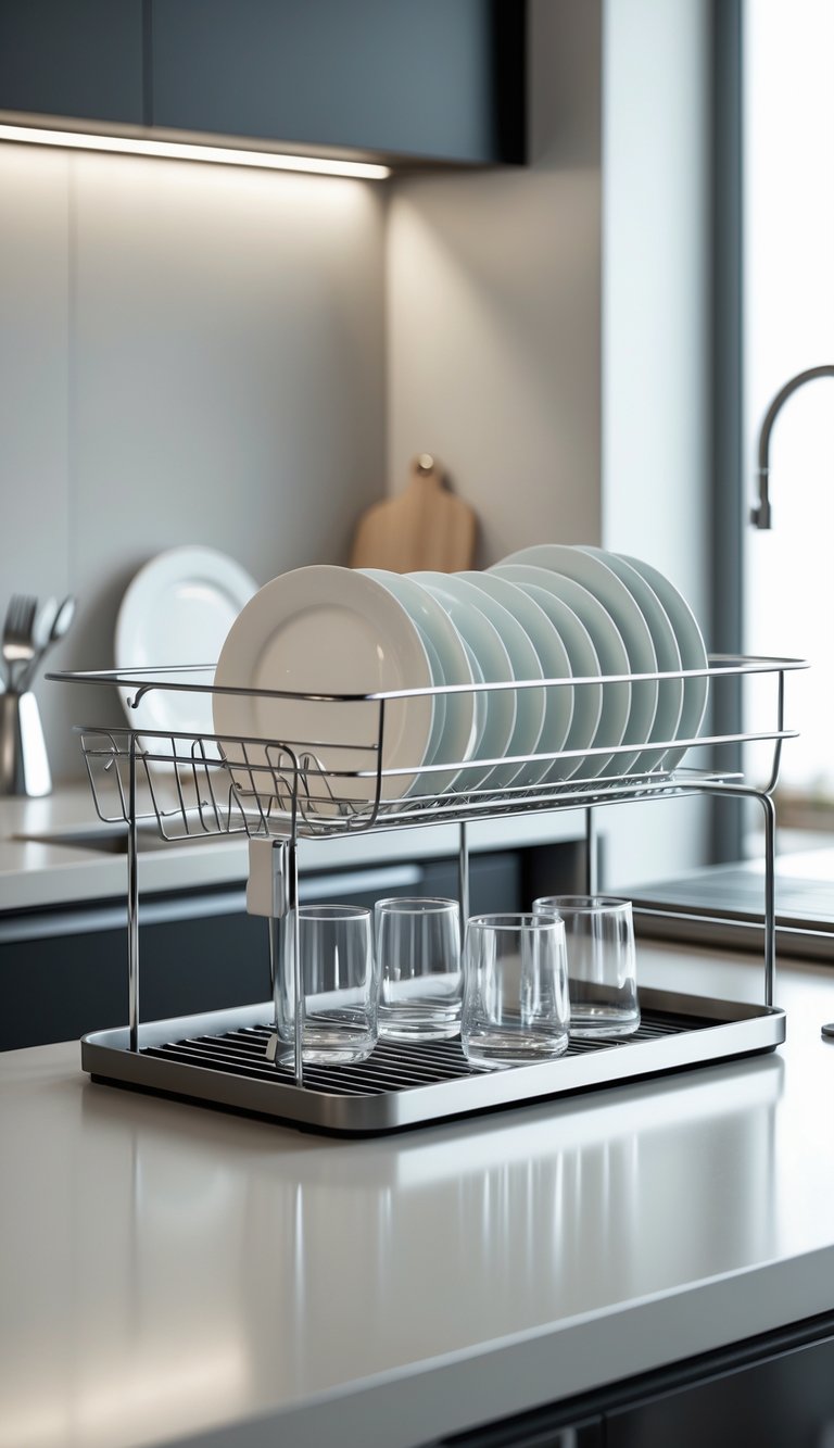 A clean kitchen counter with a dish drying rack holding plates, glasses, and cutlery.