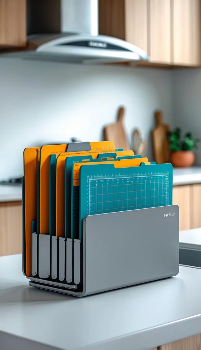 Kitchen counter with a vertical file organizer holding several cutting mats neatly arranged upright.