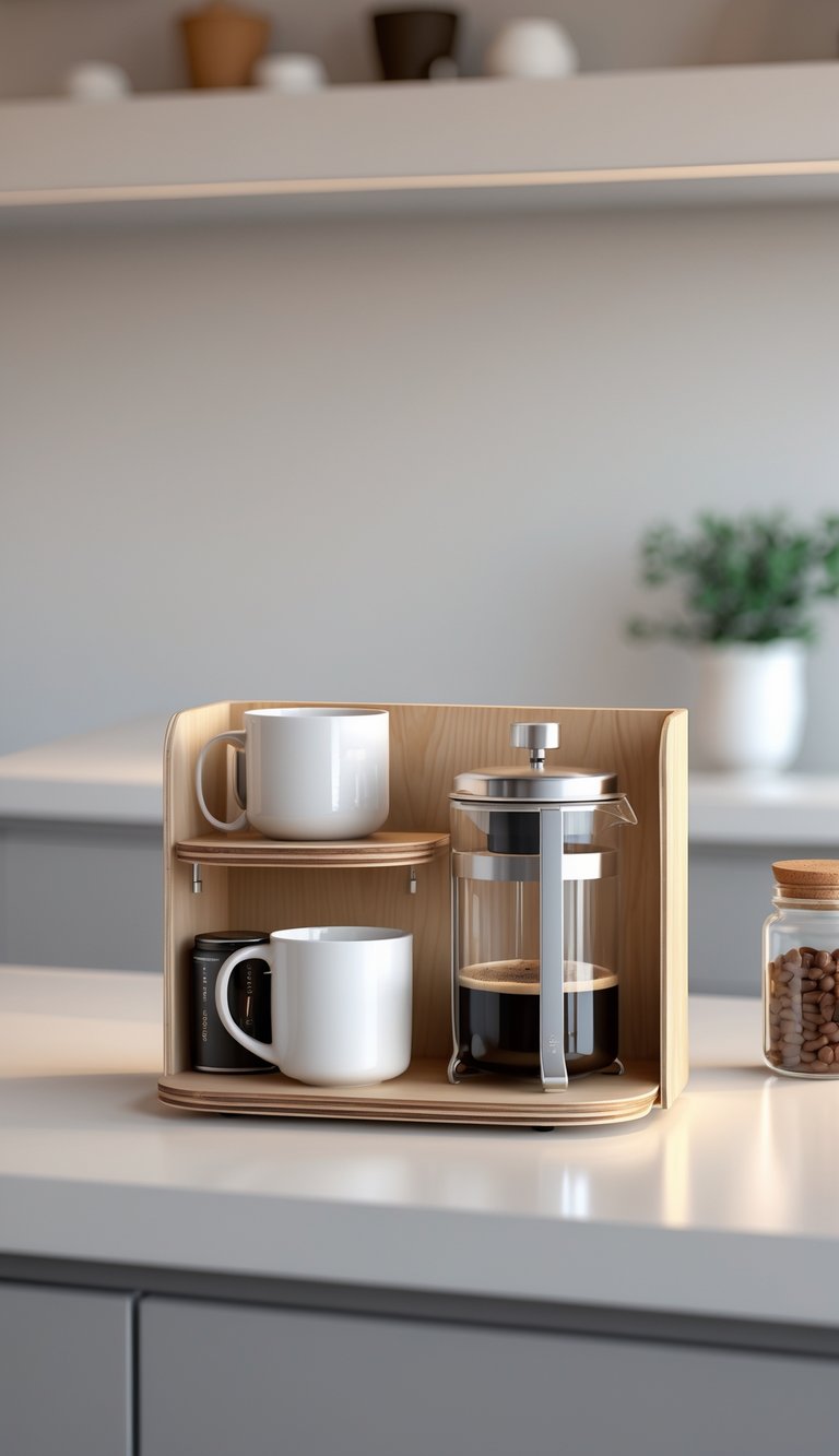 A kitchen counter with a compact coffee station organizer holding coffee mugs, a French press, coffee pods, and a jar of coffee beans.