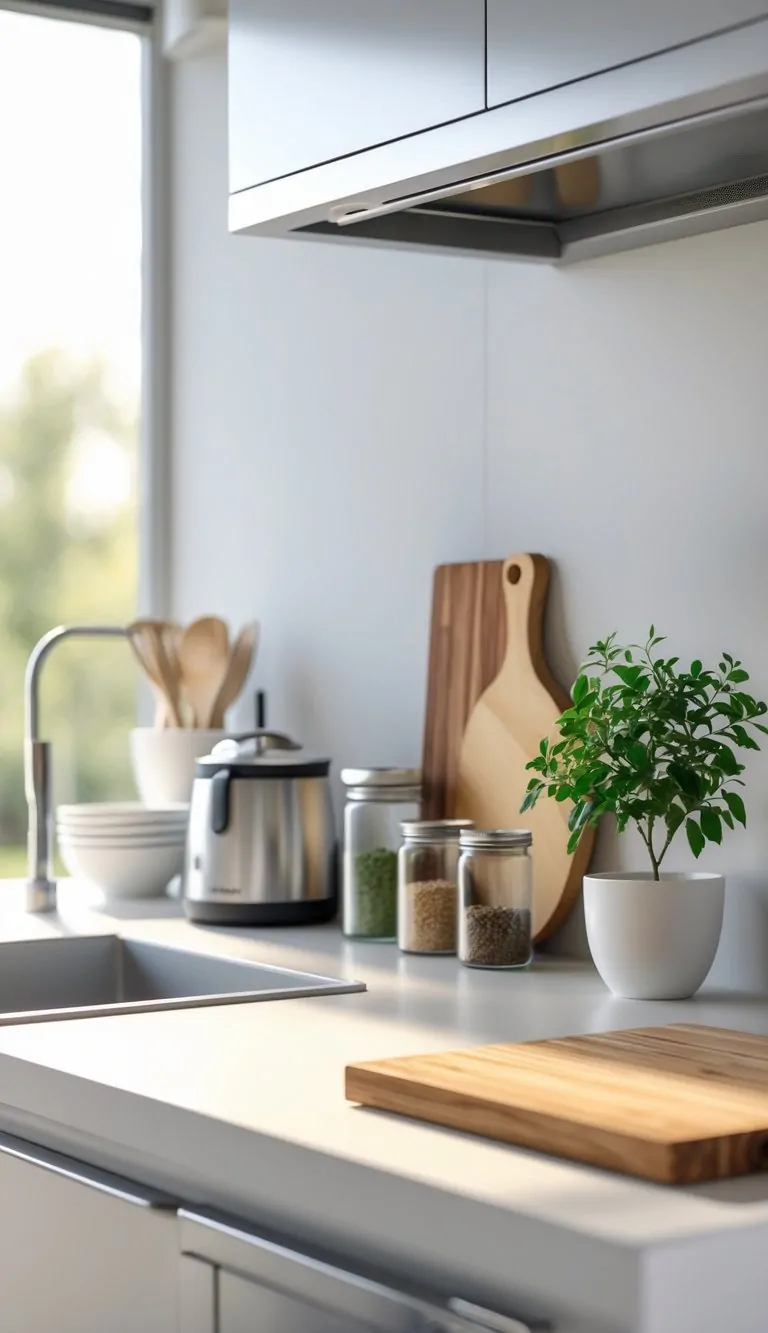 A clean kitchen counter with neatly arranged jars, a cutting board, a potted herb plant, a coffee maker, and stacked bowls.