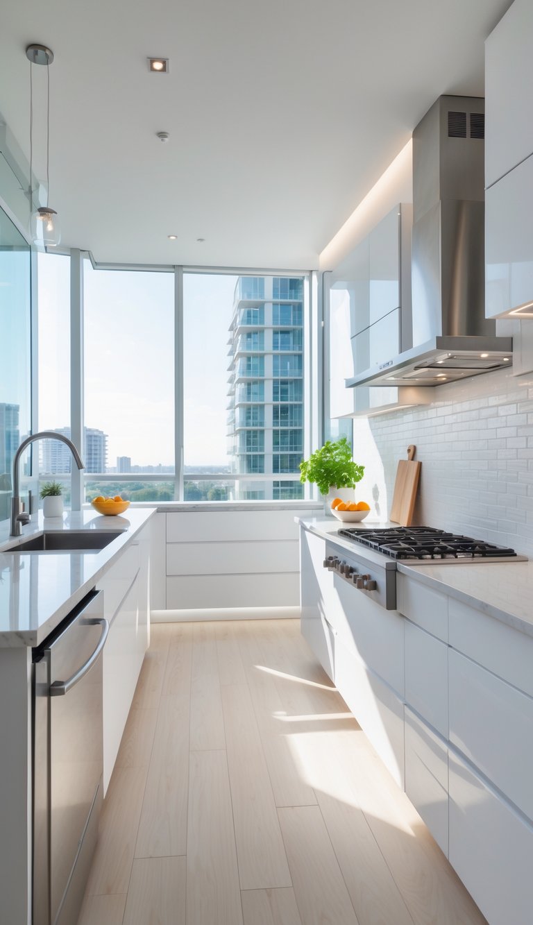 A modern condo kitchen with white cabinets, a quartz countertop, a kitchen island with a cooktop, and natural light coming through large windows.