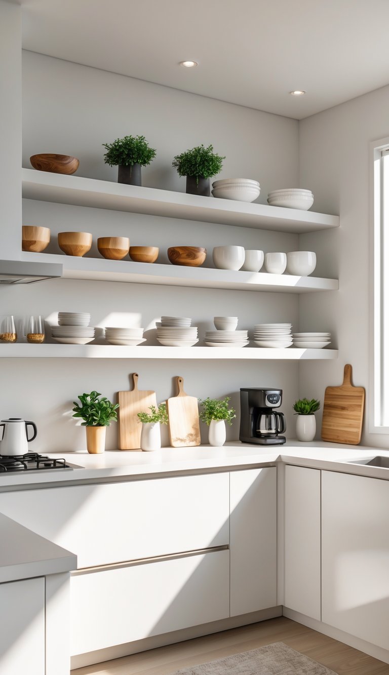 A bright condo kitchen with open shelving displaying dishes, glassware, and plants, with a clean countertop and natural light.
