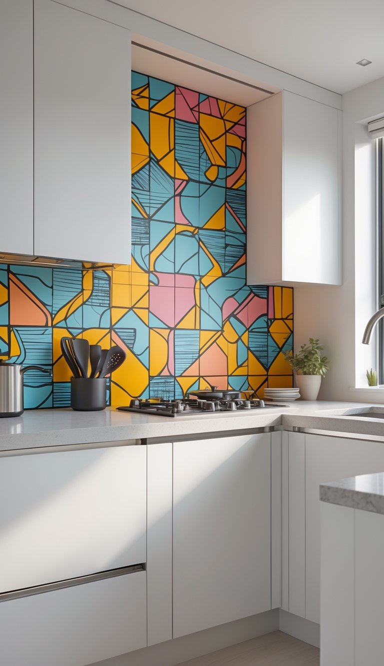 A modern condo kitchen with a bold patterned backsplash, white cabinets, and a clean countertop with kitchen accessories.