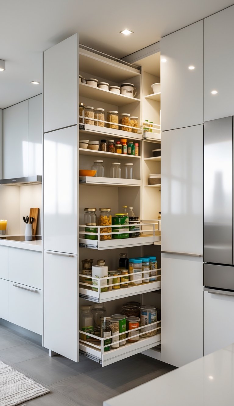 Modern condo kitchen with pull-out pantry shelves fully extended, showing neatly organized pantry items.