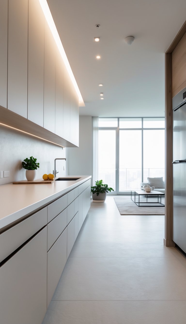 Modern condo kitchen with floating countertops and open floor space, featuring light cabinetry and natural light.