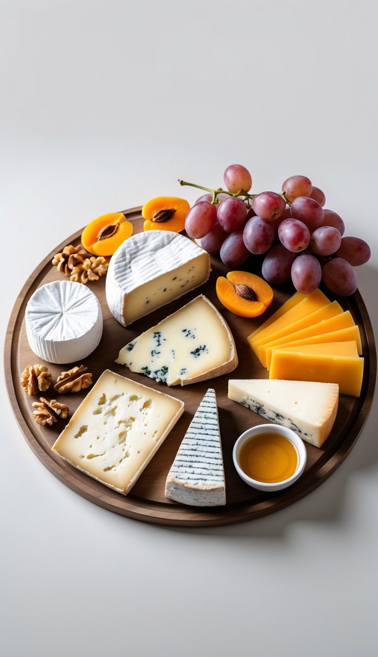 An artisanal cheese platter with various cheeses, grapes, dried apricots, walnuts, and honey on a wooden board.