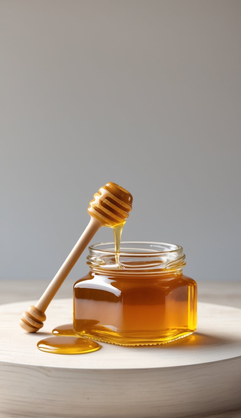 A glass jar of truffle honey with a wooden honey dipper on a light wooden surface.