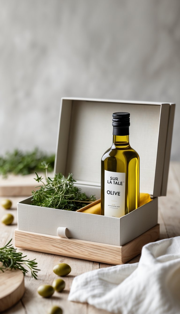 A Sur La Table olive oil gift set displayed on a wooden surface with fresh herbs, olives, and a white linen napkin.