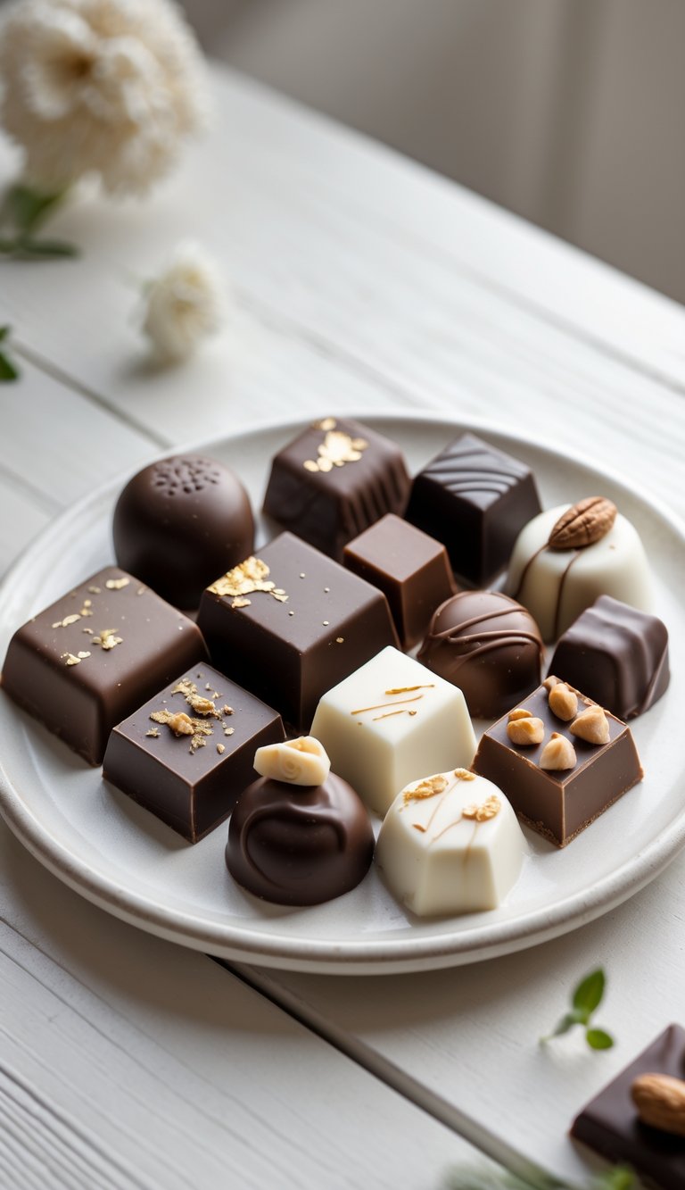 An assortment of gourmet chocolates arranged on a white plate on a light wooden surface.