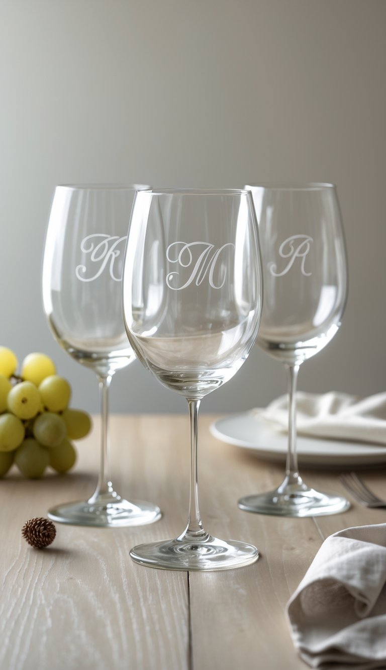 A set of personalized wine glasses arranged on a wooden dining table with grapes and a folded napkin nearby.