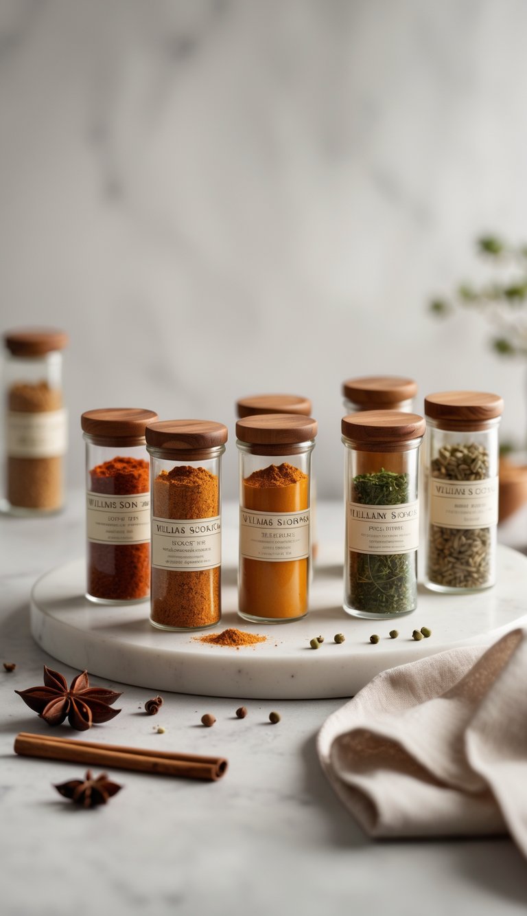 A neat arrangement of glass jars filled with various colorful spices on a light surface, accompanied by whole spices and a wooden spoon.