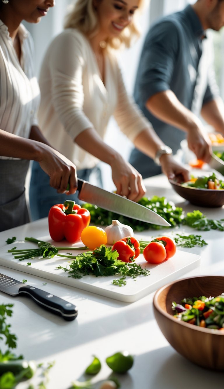 A group of adults preparing fresh vegetables together in a bright kitchen for a dinner party.